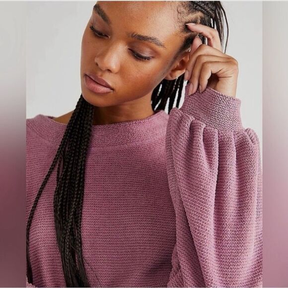 Free People Beach Happy Balloon Sleeve Pullover Sweater Pink Mauve- Size Medium - Picture 3 of 11